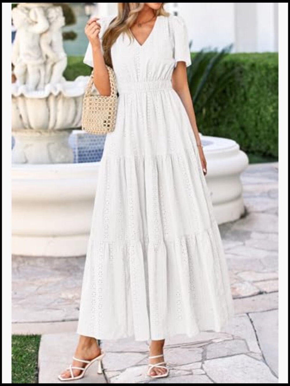 V Neck Hollow Out Eyelet A Line Flowy Maxi Dress - Picture 2 of 7